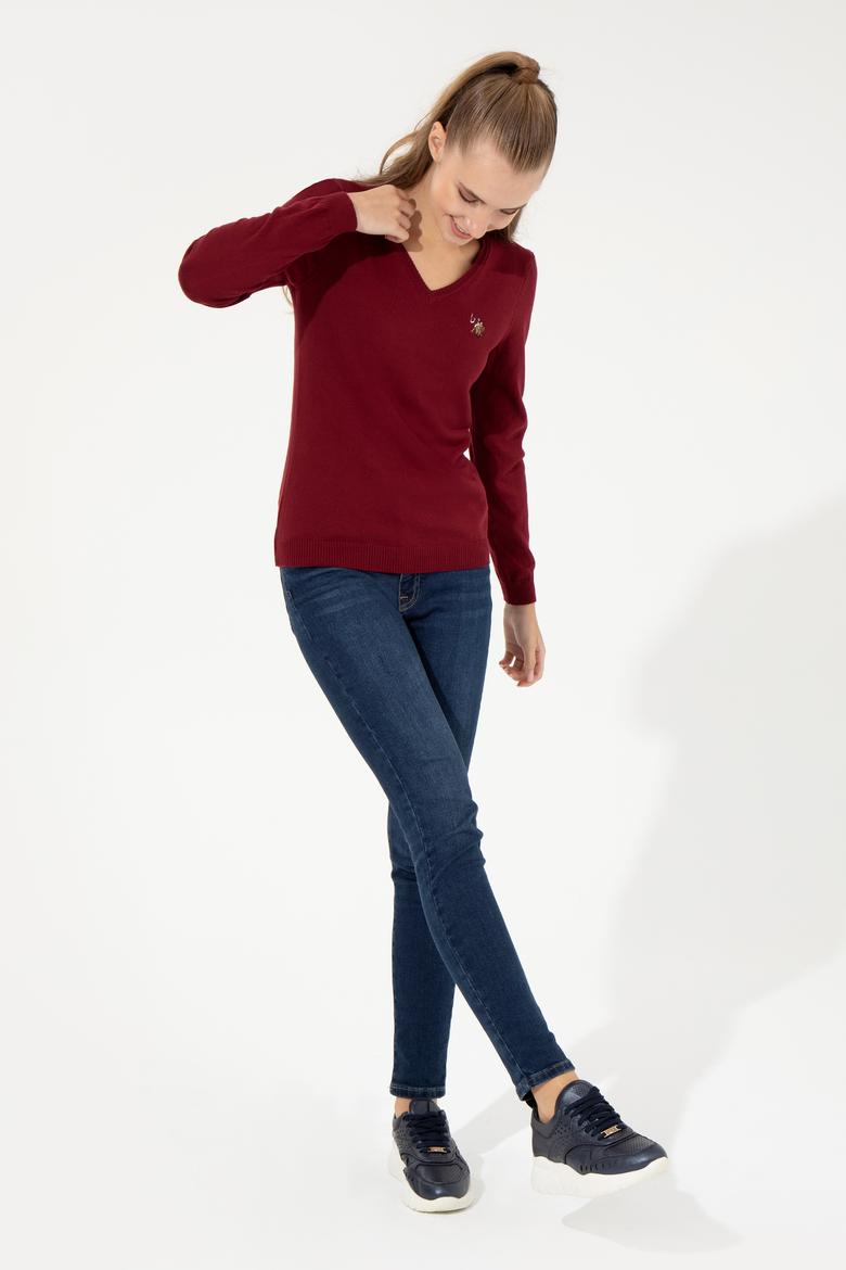 Kadın Bordo V Yaka Basic Kazak - 50255648004