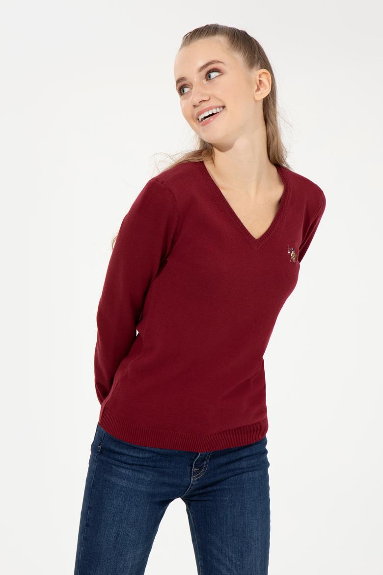 Kadın Bordo V Yaka Basic Kazak - 50255648004