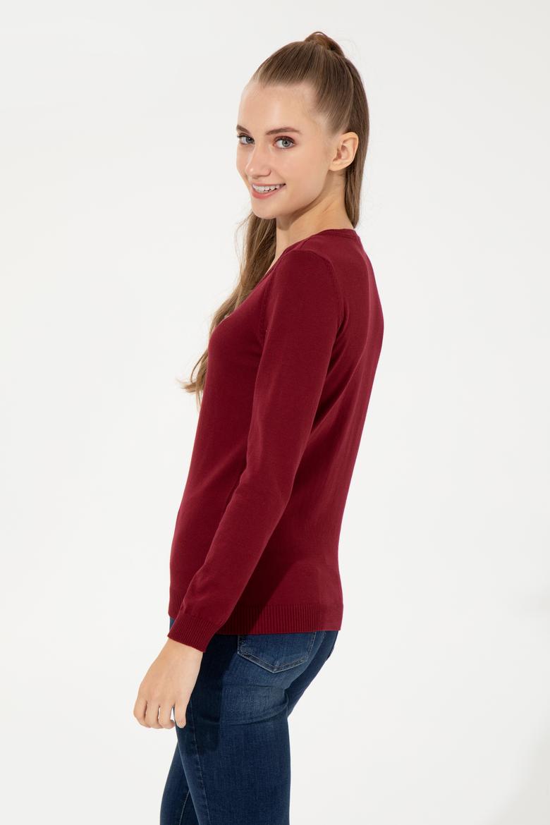 Kadın Bordo V Yaka Basic Kazak - 50255648005