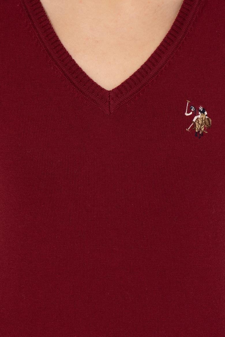 Kadın Bordo V Yaka Basic Kazak - 50255648004