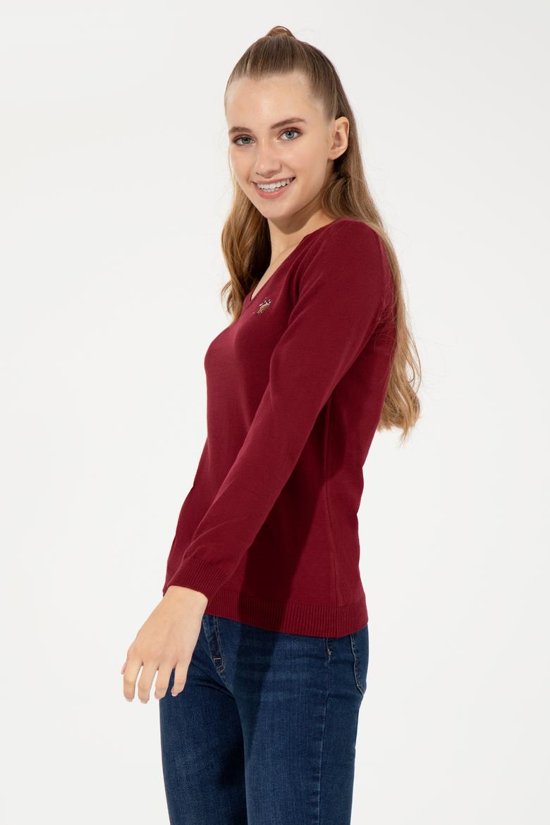 Kadın Bordo V Yaka Basic Kazak - 50255648004