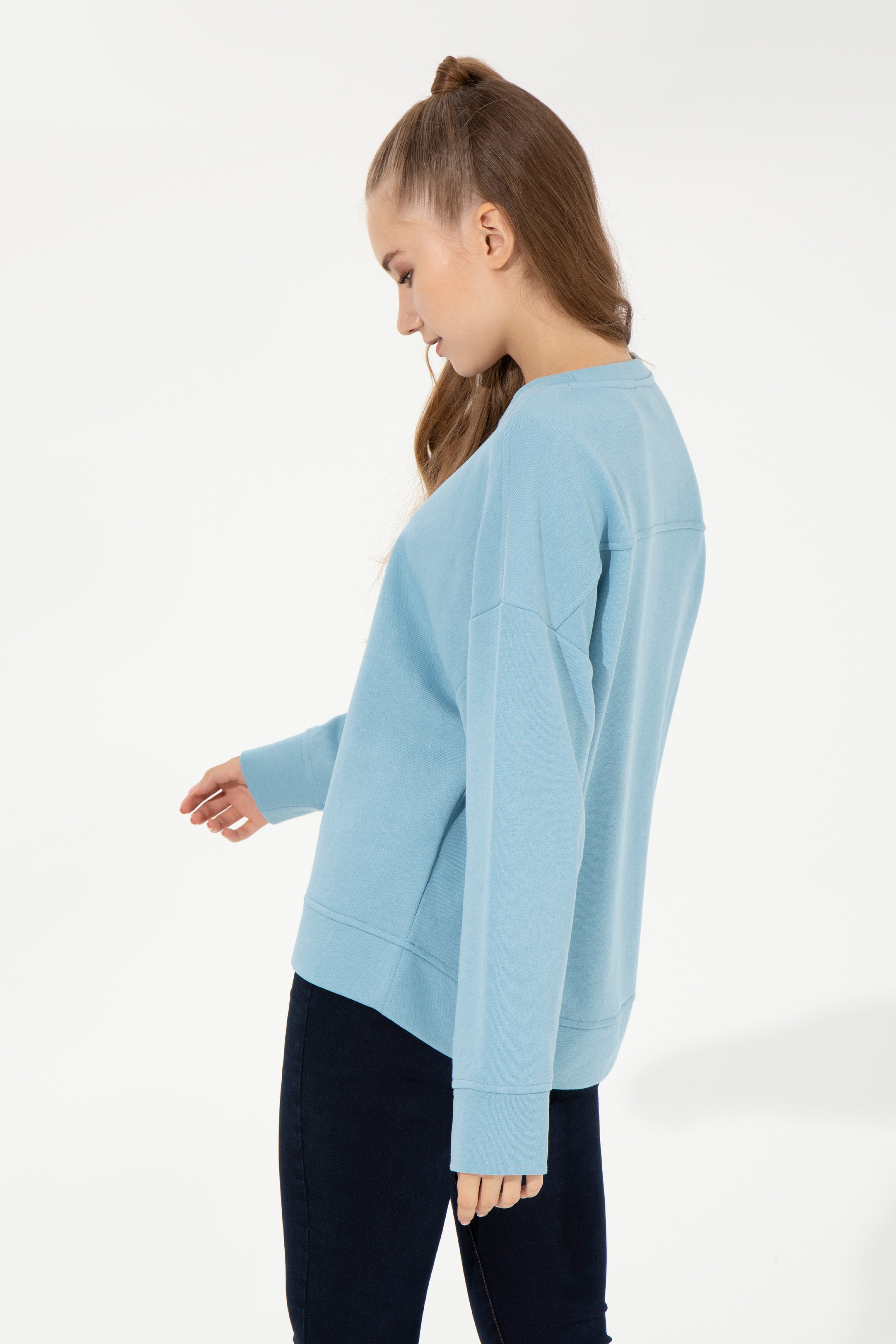 Kadın Mavi Bisiklet Yaka Basic Sweatshirt