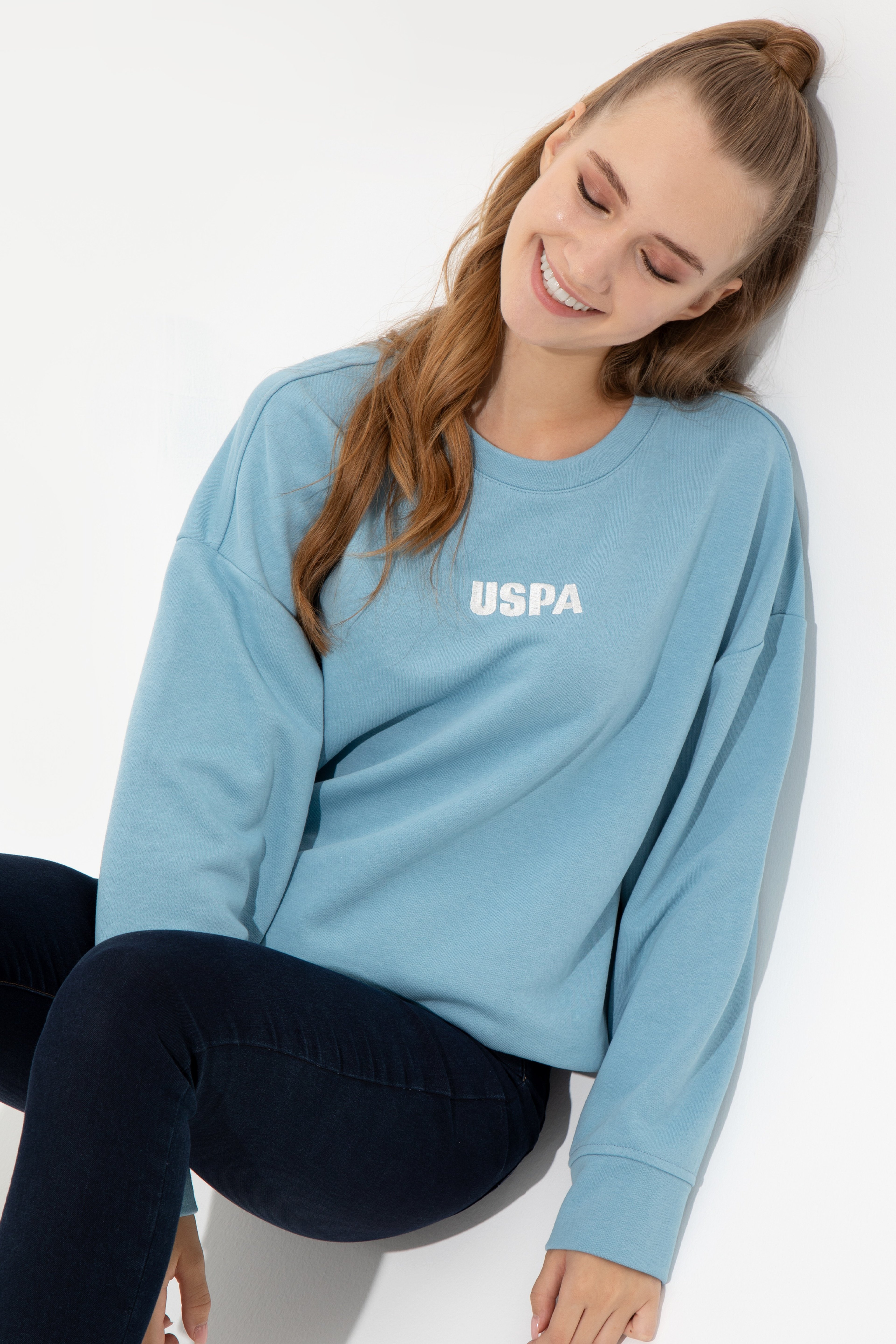Kadın Mavi Bisiklet Yaka Basic Sweatshirt - Image 3