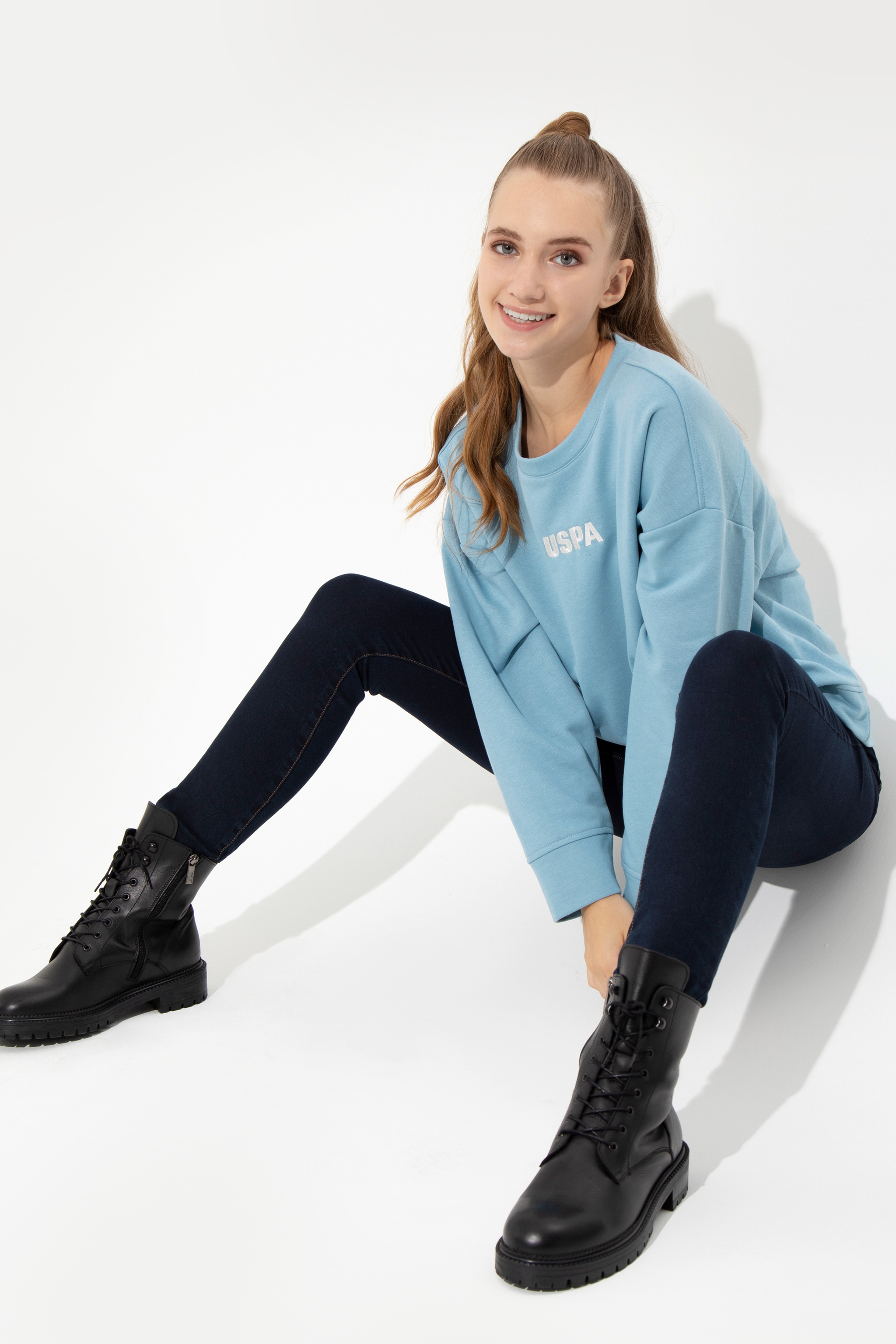 Kadın Mavi Bisiklet Yaka Basic Sweatshirt