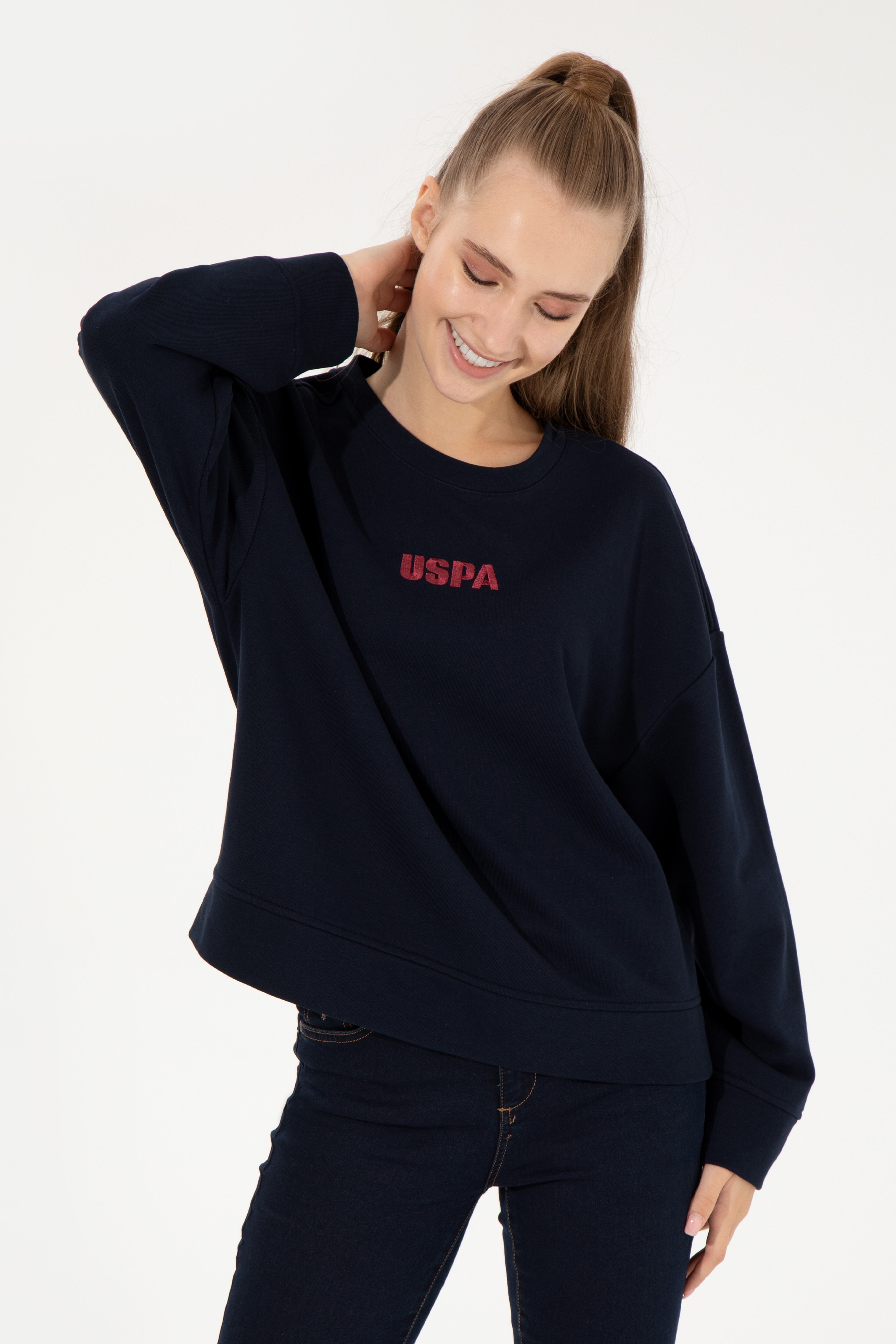 Kadın Lacivert Bisiklet Yaka Basic Sweatshirt - Image 4