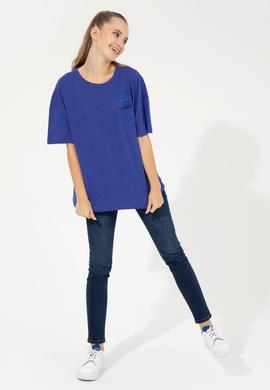 Kadın Mavi Bisiklet Yaka Oversize Tişört - 50248424012