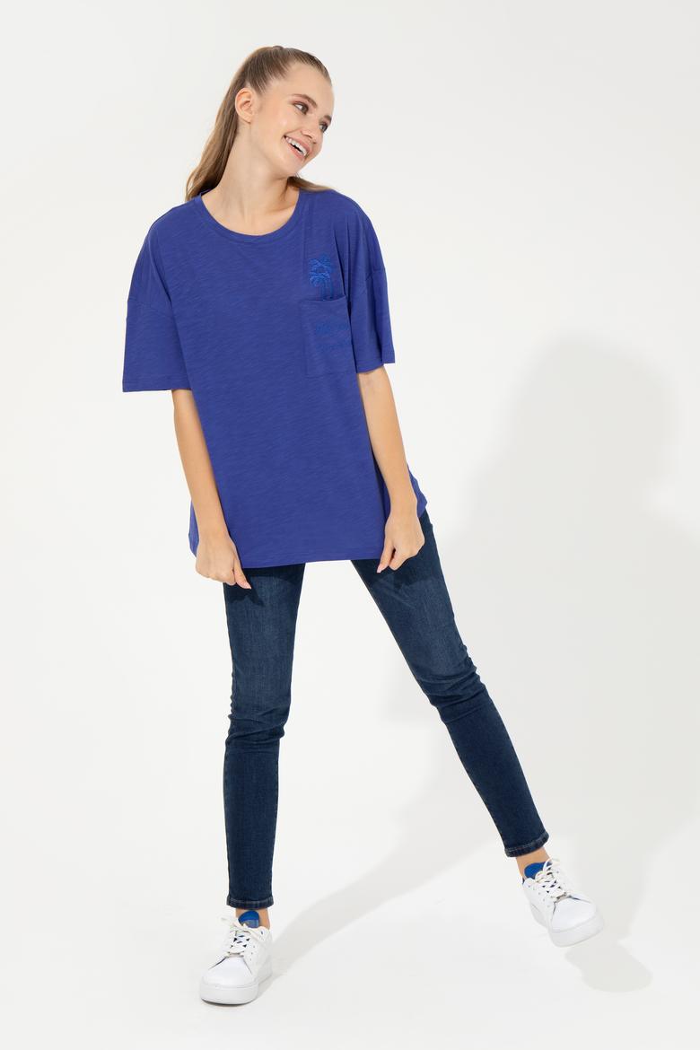 Kadın Mavi Bisiklet Yaka Oversize Tişört - 50248424012