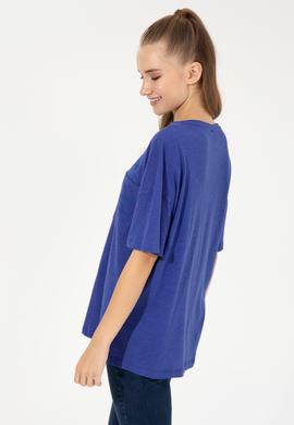 Kadın Mavi Bisiklet Yaka Oversize Tişört - 50248424012