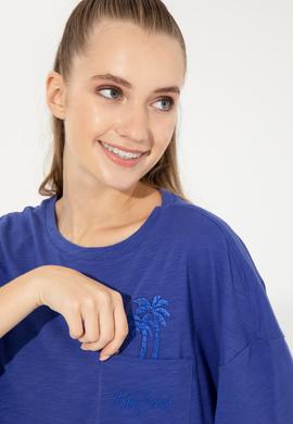 Kadın Mavi Bisiklet Yaka Oversize Tişört - 50248424012