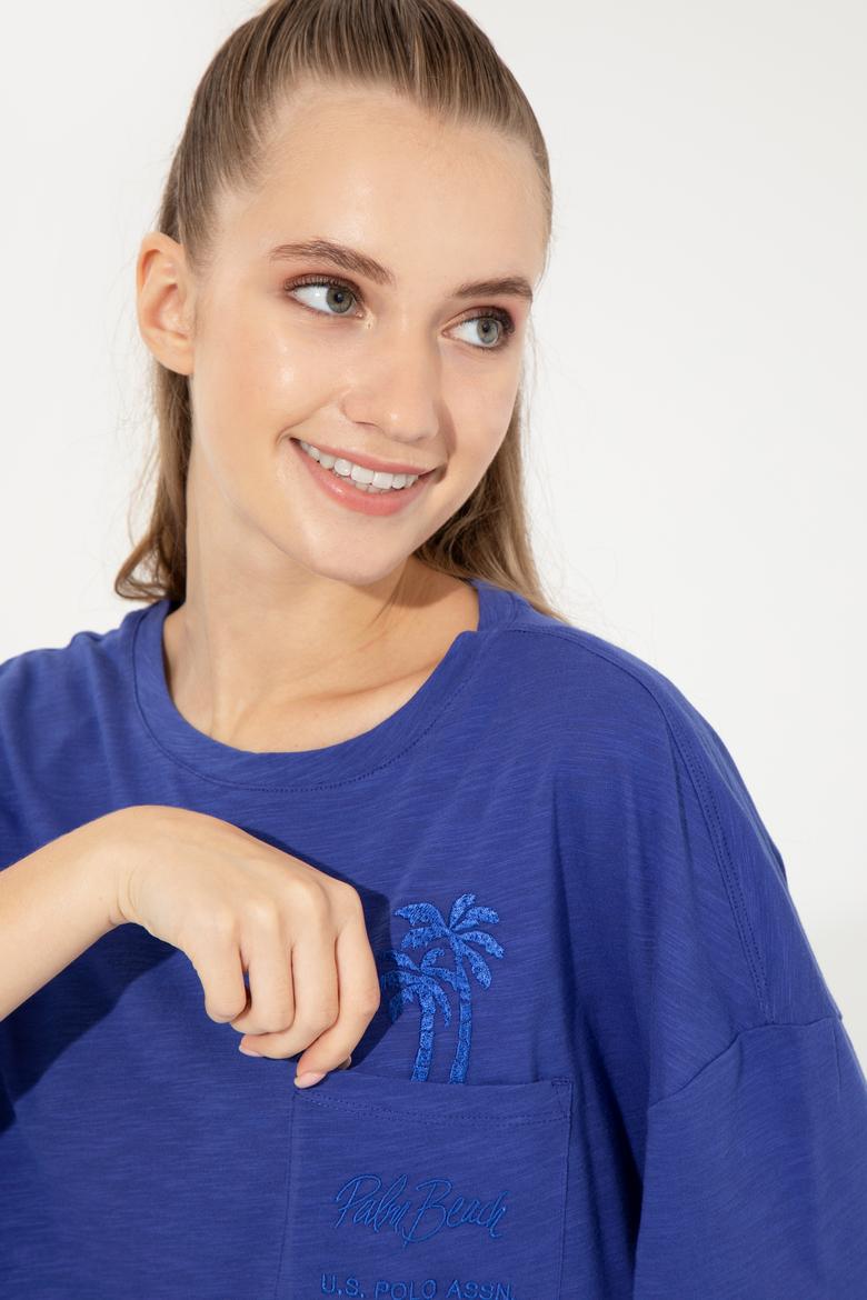 Kadın Mavi Bisiklet Yaka Oversize Tişört - 50248424012