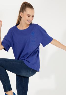 Kadın Mavi Bisiklet Yaka Oversize Tişört - 50248424012