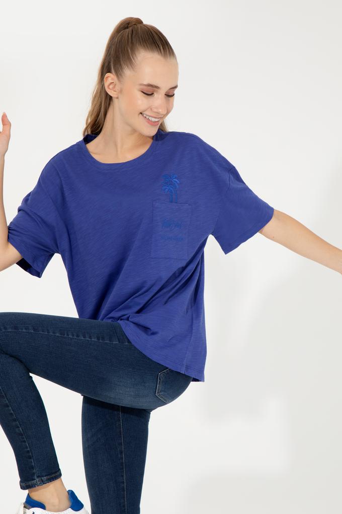 Kadın Mavi Bisiklet Yaka Oversize Tişört