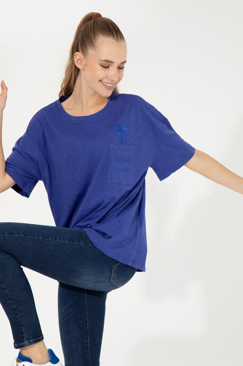 Kadın Mavi Bisiklet Yaka Oversize Tişört