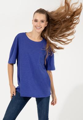 Kadın Mavi Bisiklet Yaka Oversize Tişört - 50248424012