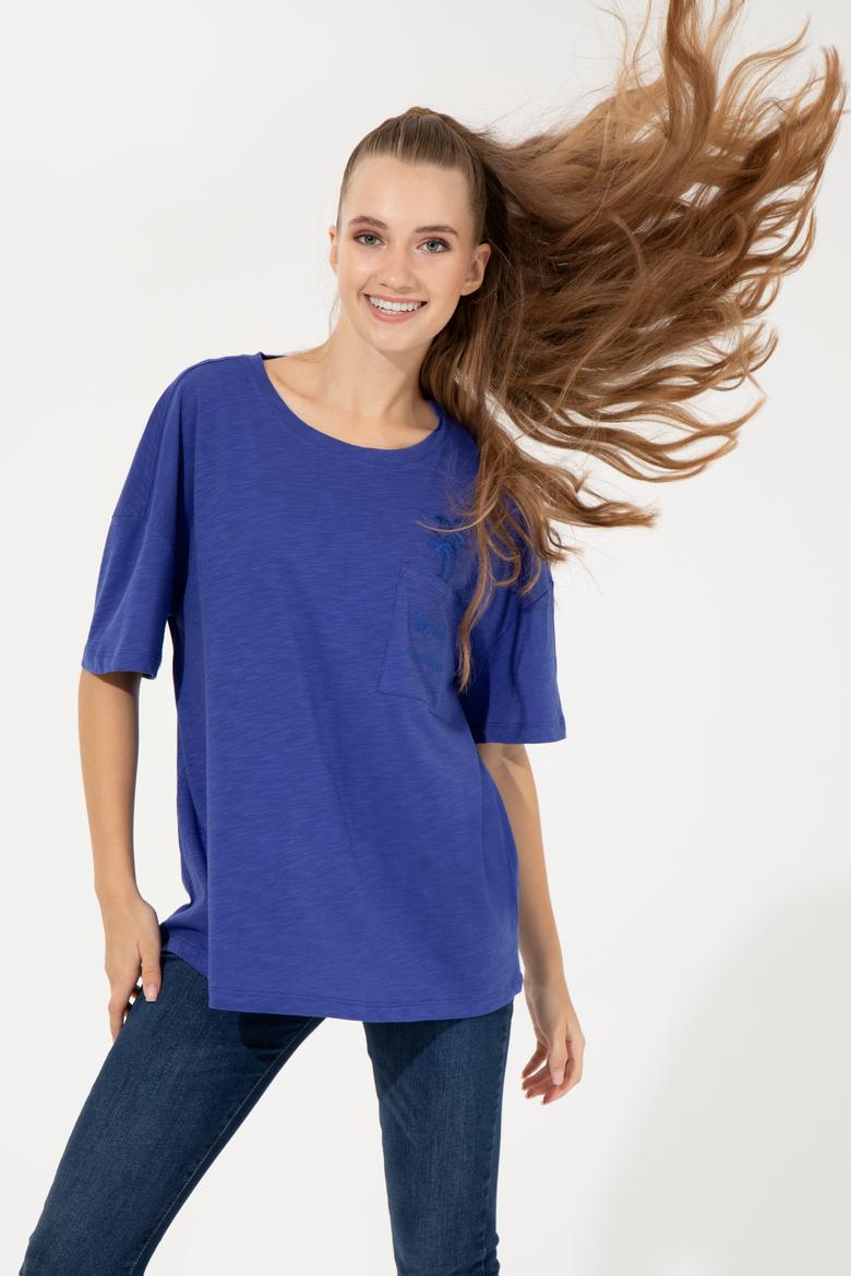 Kadın Mavi Bisiklet Yaka Oversize Tişört - 50248424012