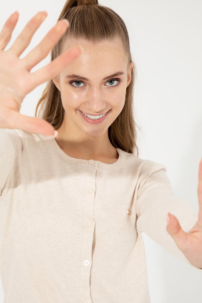 Kadın Krem Melanj Basic Triko Hırka - 50251904024