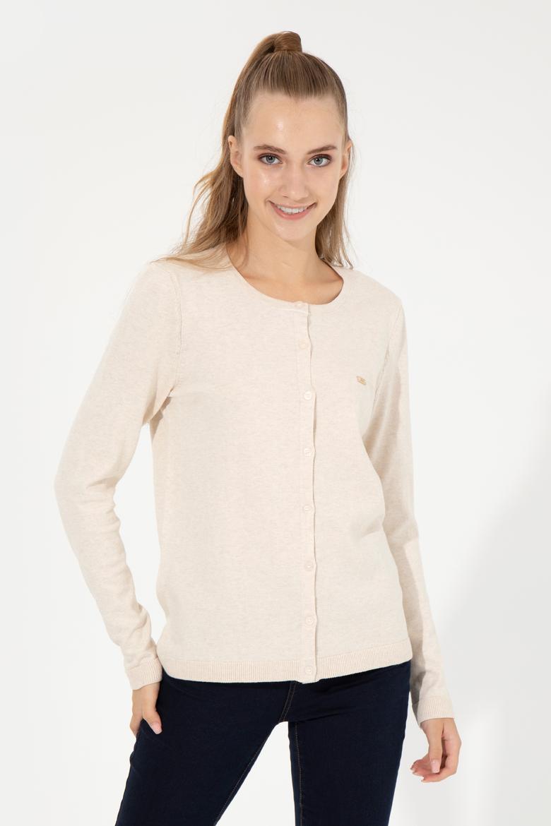 Kadın Krem Melanj Basic Triko Hırka