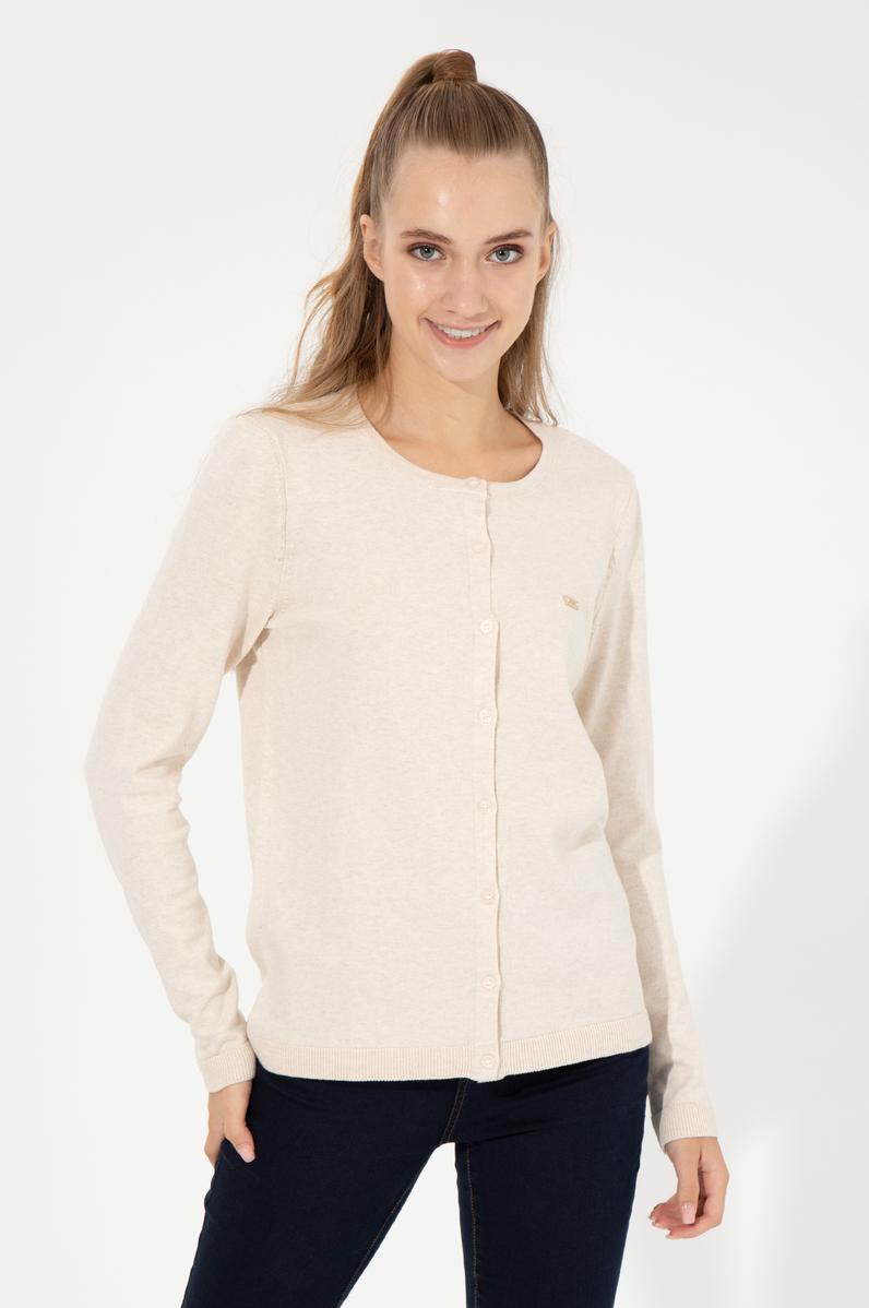 Kadın Krem Melanj Basic Triko Hırka