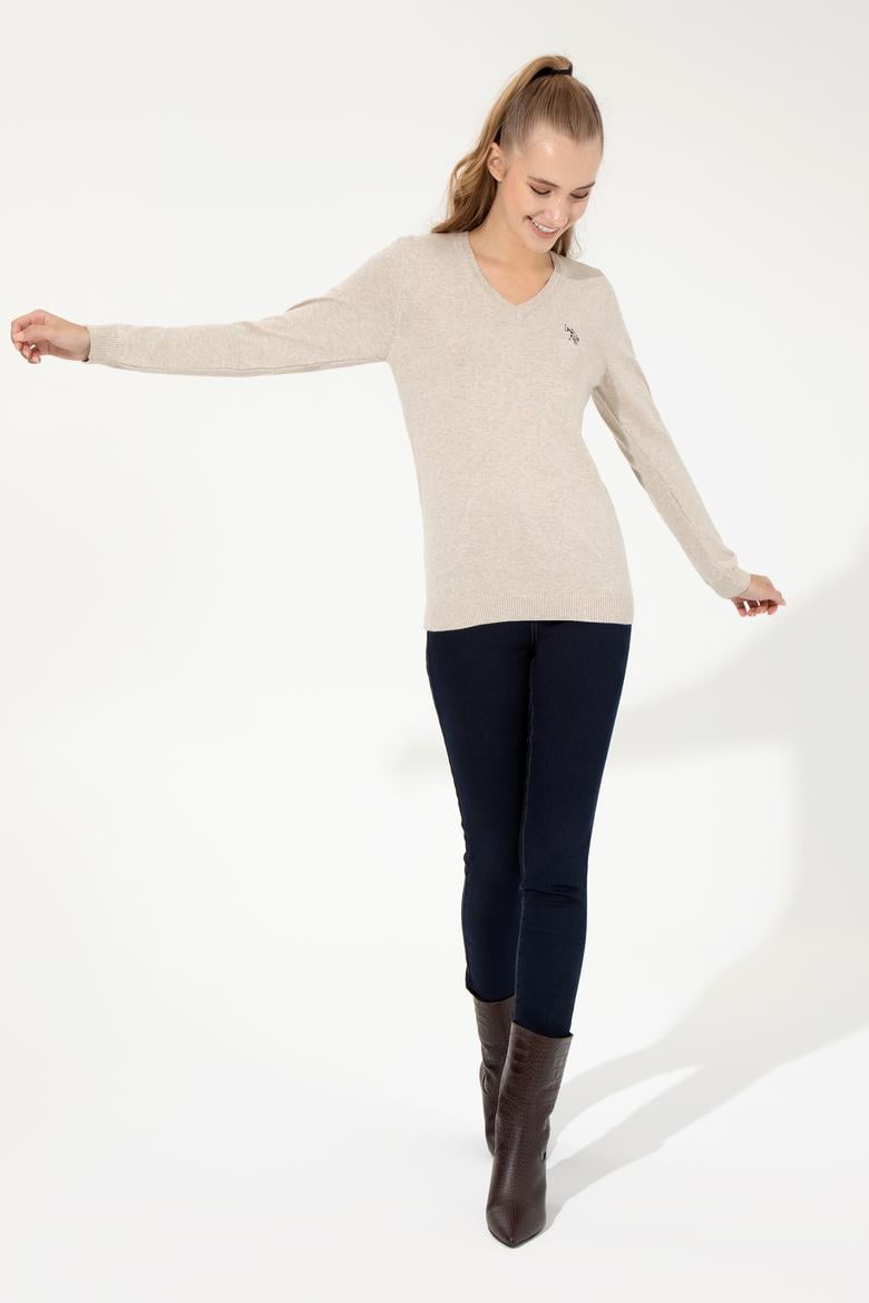 Kadın Taş Melanj  Basic  V - Yaka Triko Kazak - 50251903119