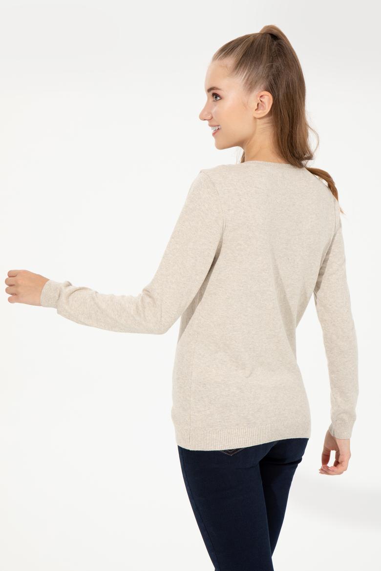 Kadın Taş Melanj  Basic  V - Yaka Triko Kazak - 50251903119