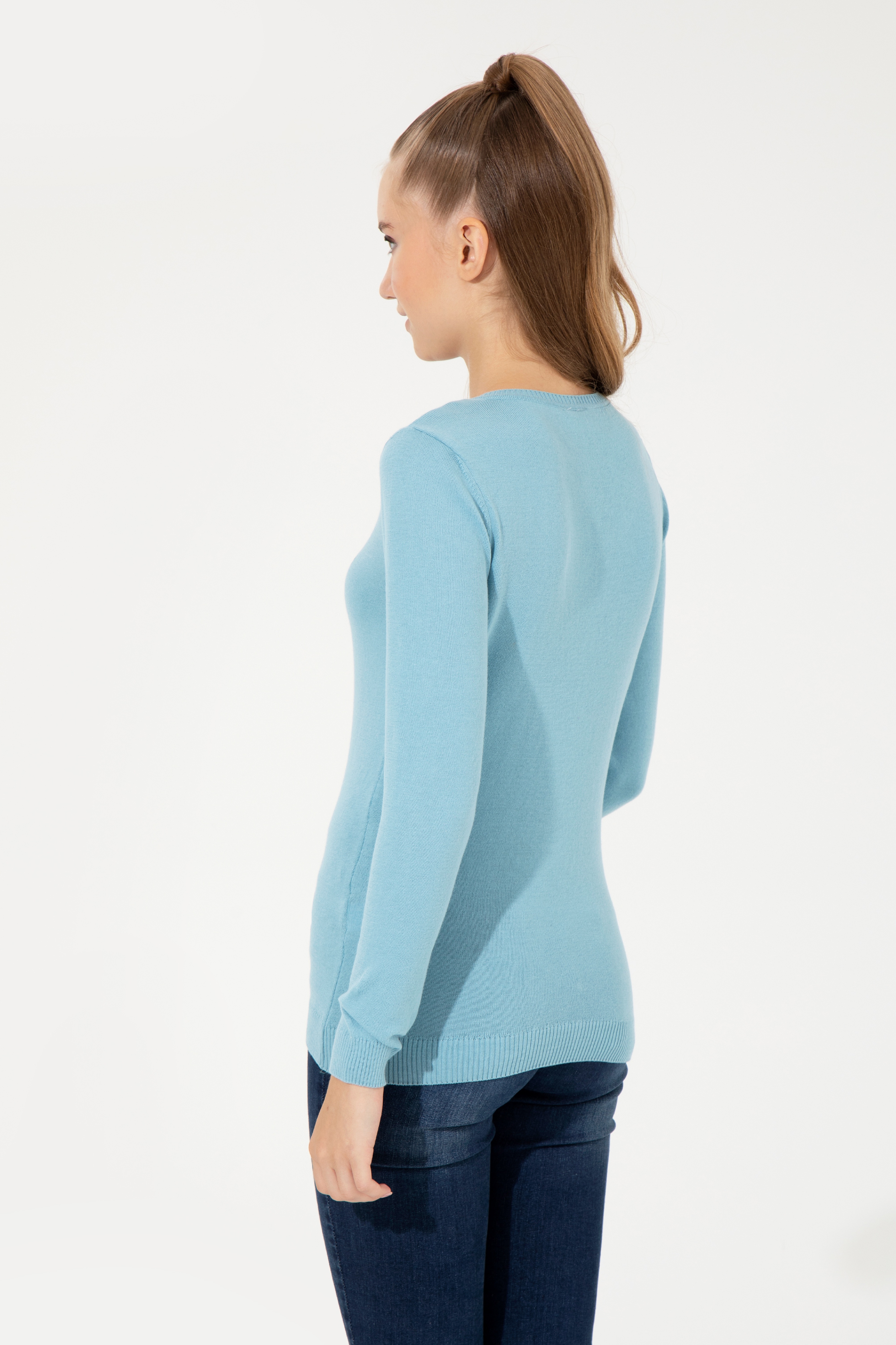 Kadın Mavi V - Yaka Basic Kazak