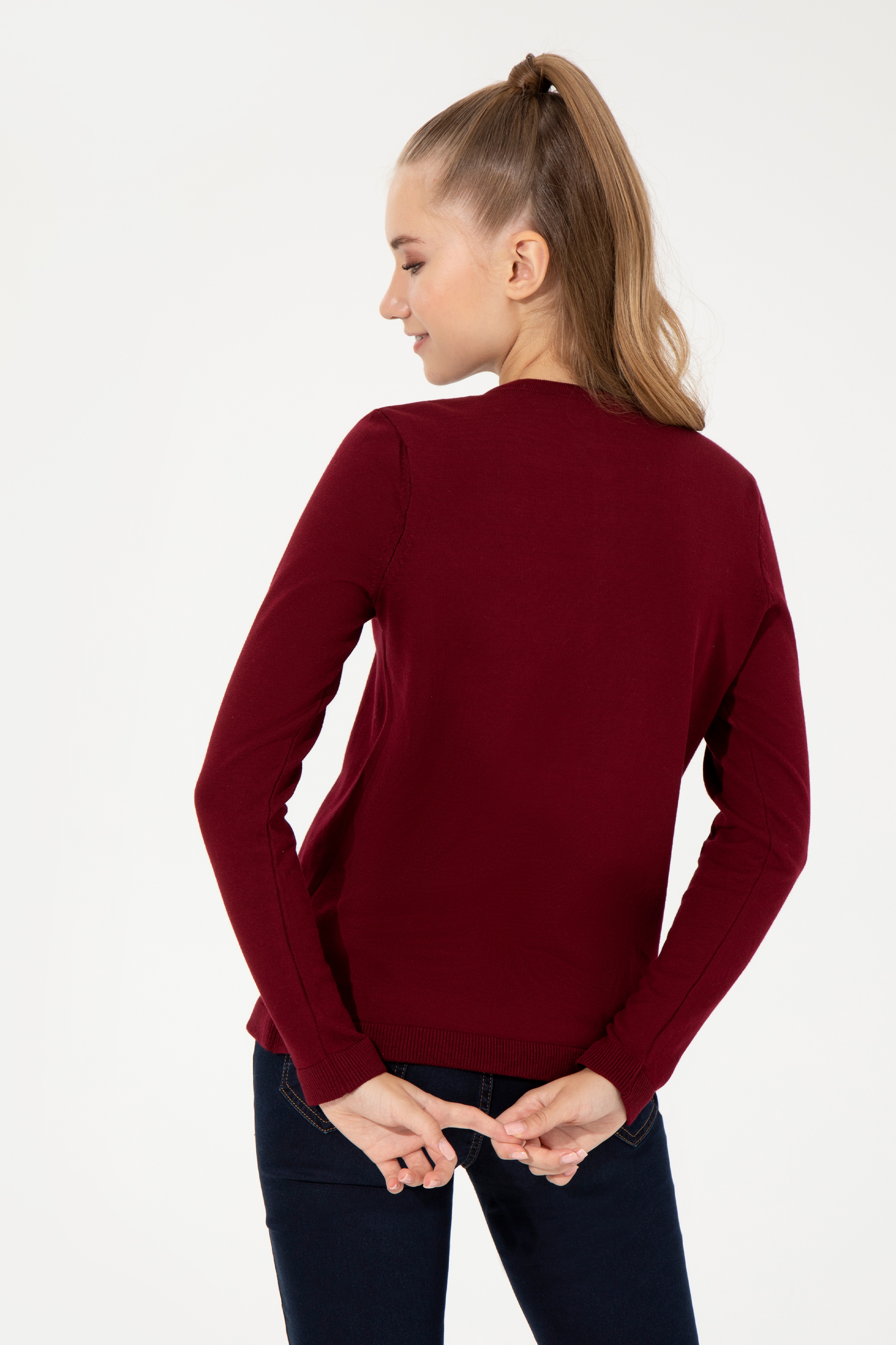 Kadın Bordo Basic Triko Hırka