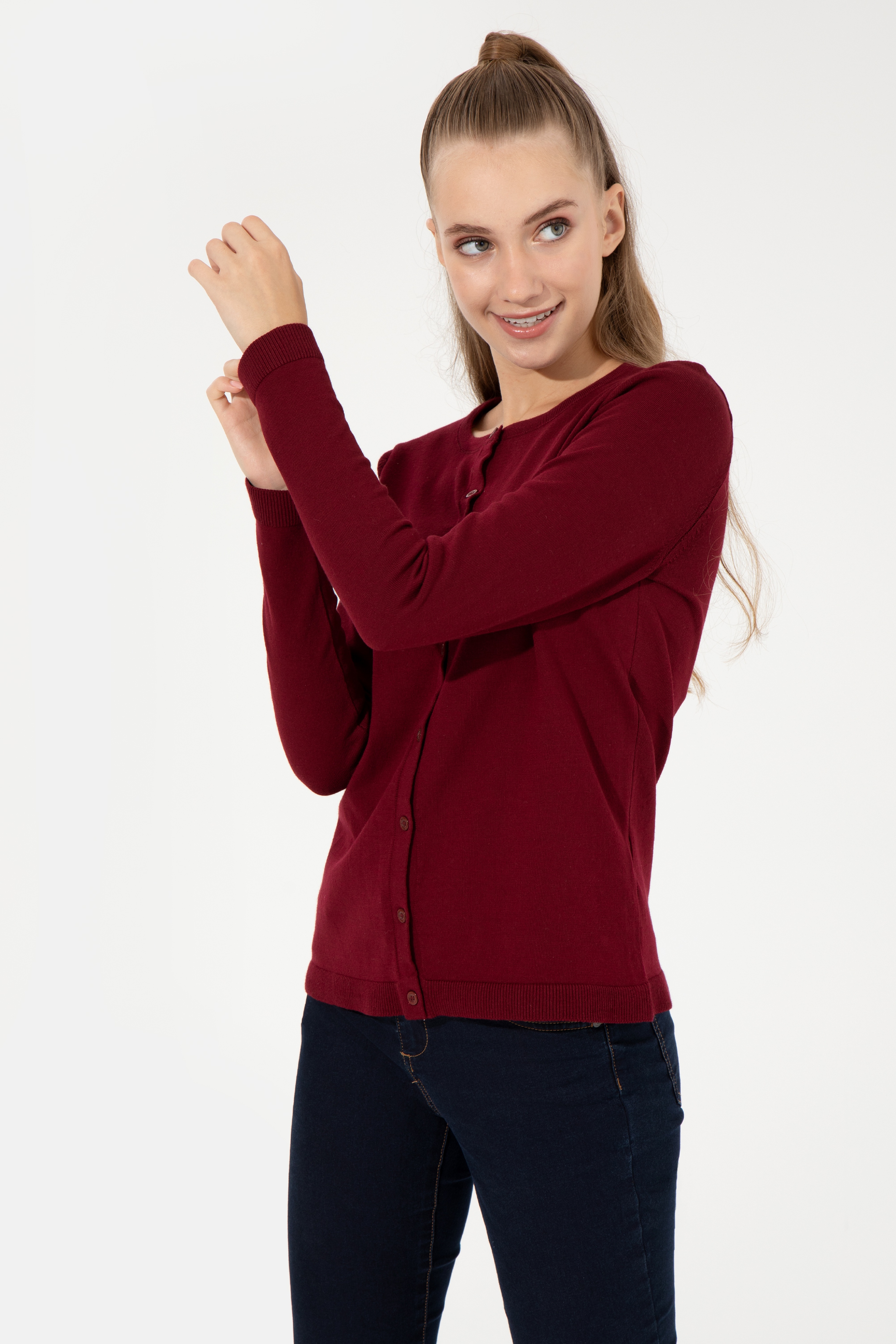Kadın Bordo Basic Triko Hırka - Image 3