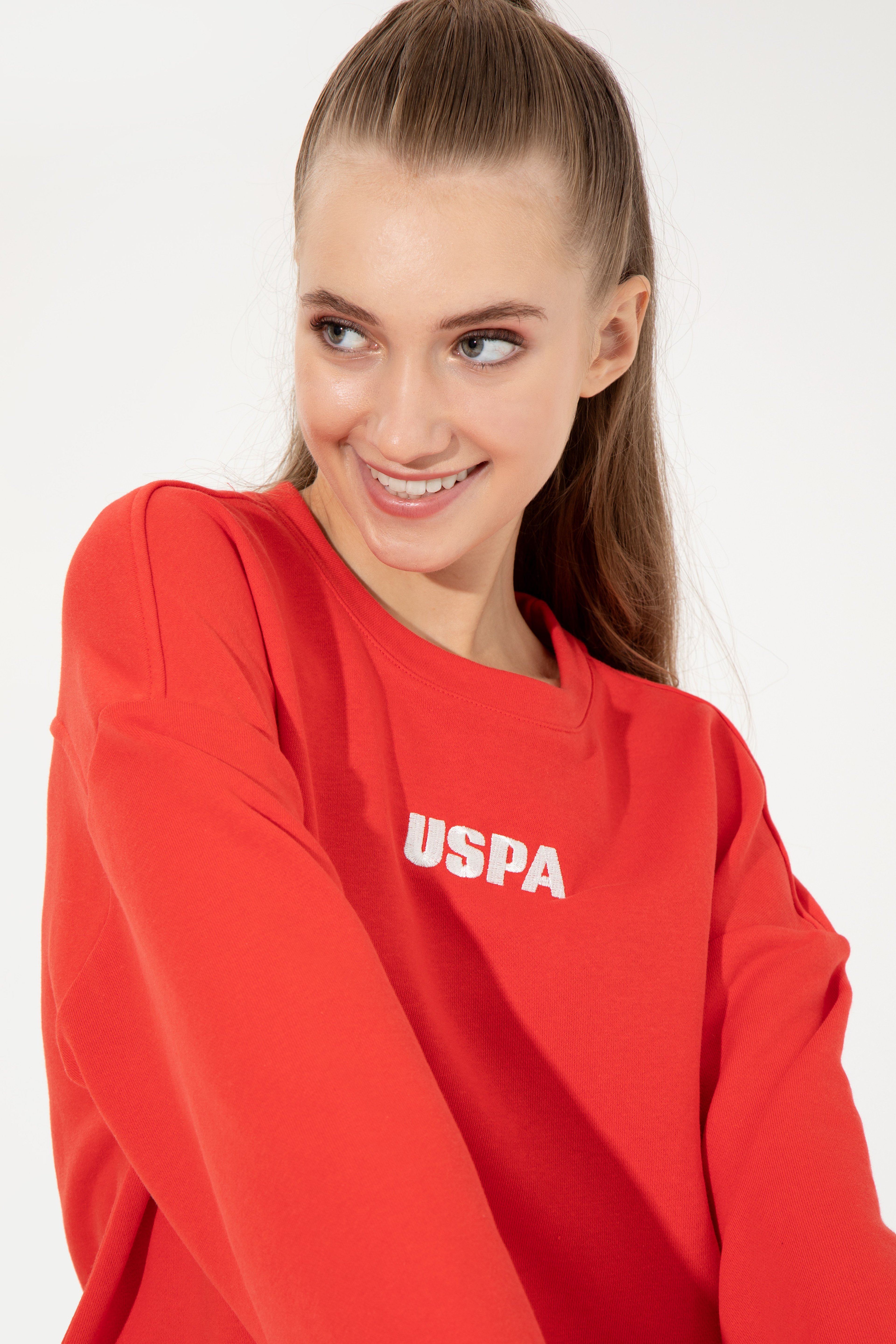Kadın Kırmızı Bisiklet Yaka Basic Sweatshirt - Image 3