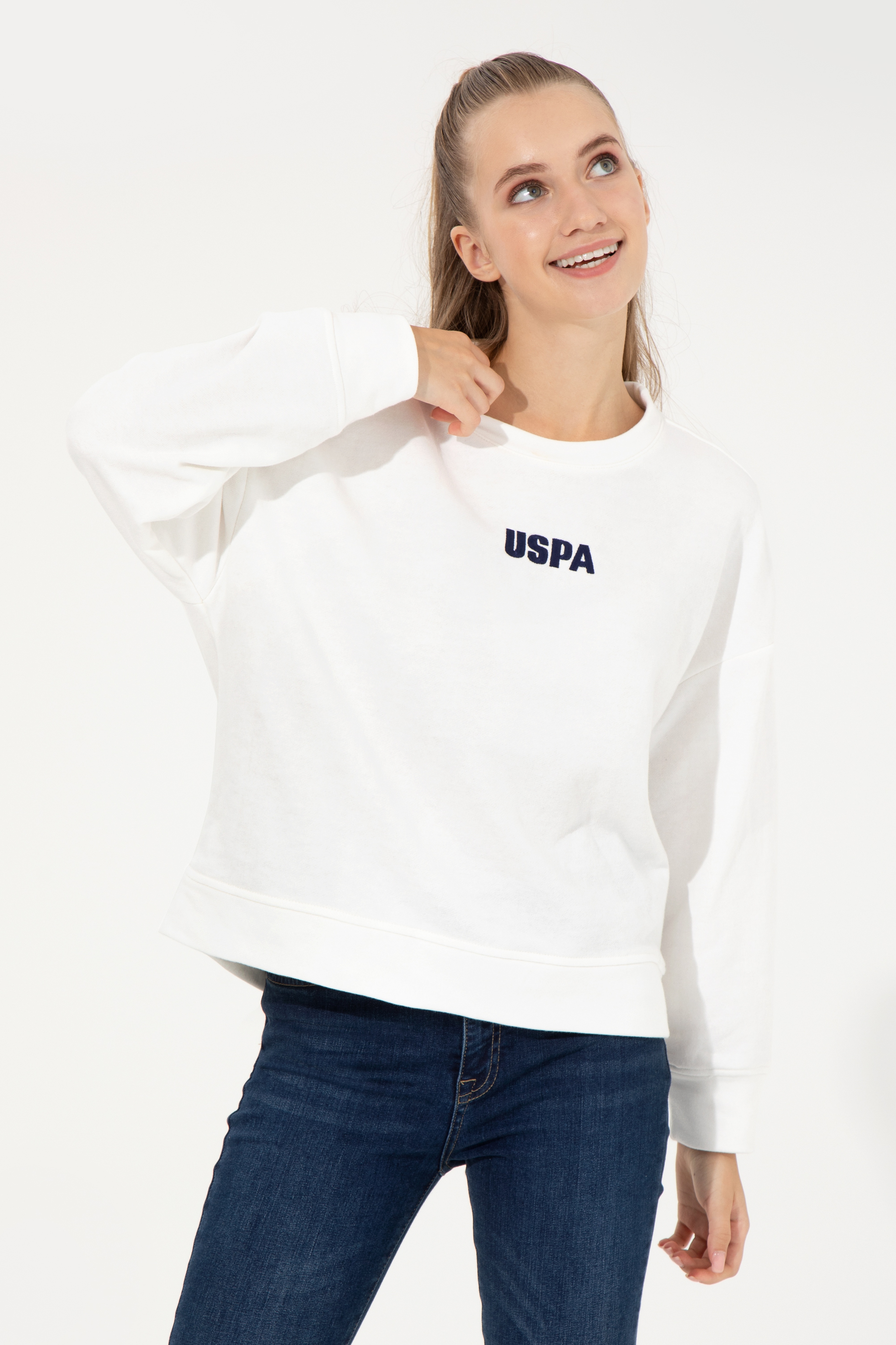 Kadın Ekru Bisiklet Yaka Basic Sweatshirt