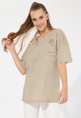 Kadın Haki Bisiklet Yaka Oversize Tişört - 50248424019