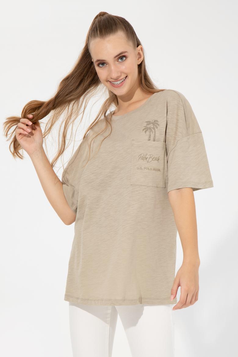 Kadın Haki Bisiklet Yaka Oversize Tişört