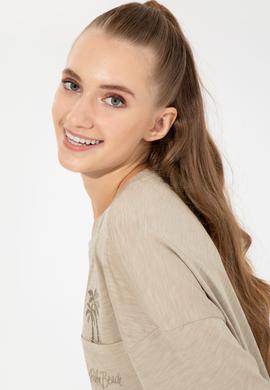 Kadın Haki Bisiklet Yaka Oversize Tişört - 50248424019