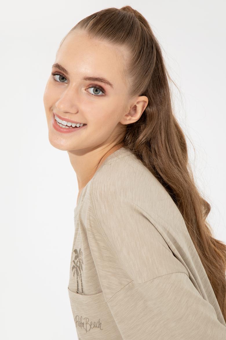 Kadın Haki Bisiklet Yaka Oversize Tişört - 50248424019