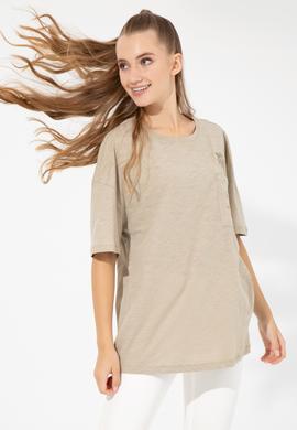 Kadın Haki Bisiklet Yaka Oversize Tişört - 50248424019