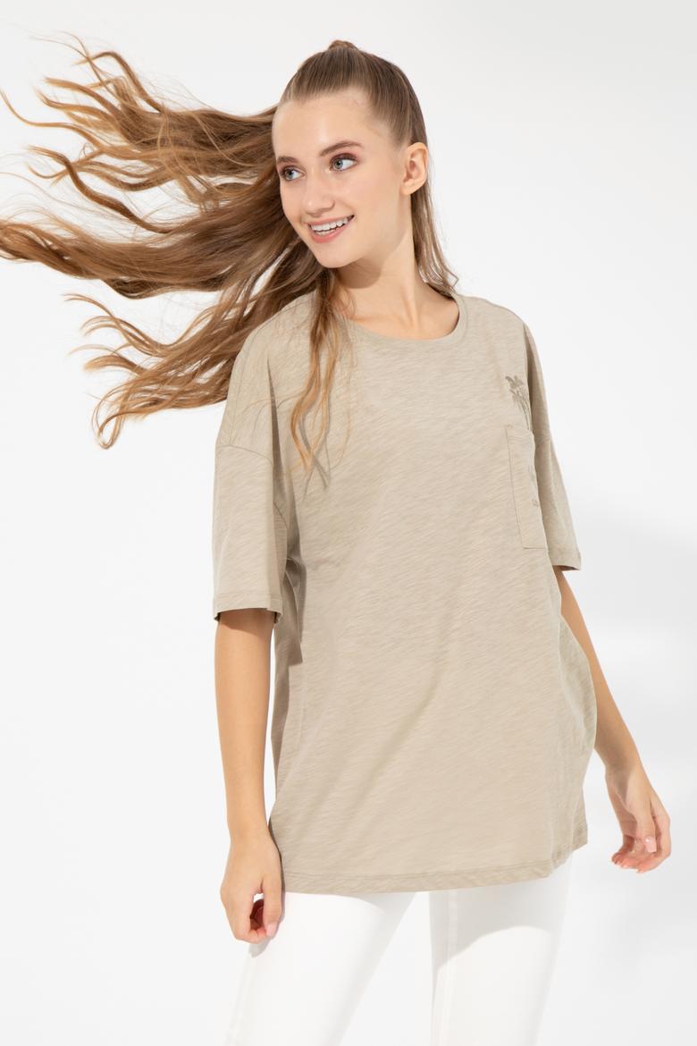 Kadın Haki Bisiklet Yaka Oversize Tişört - 50248424019