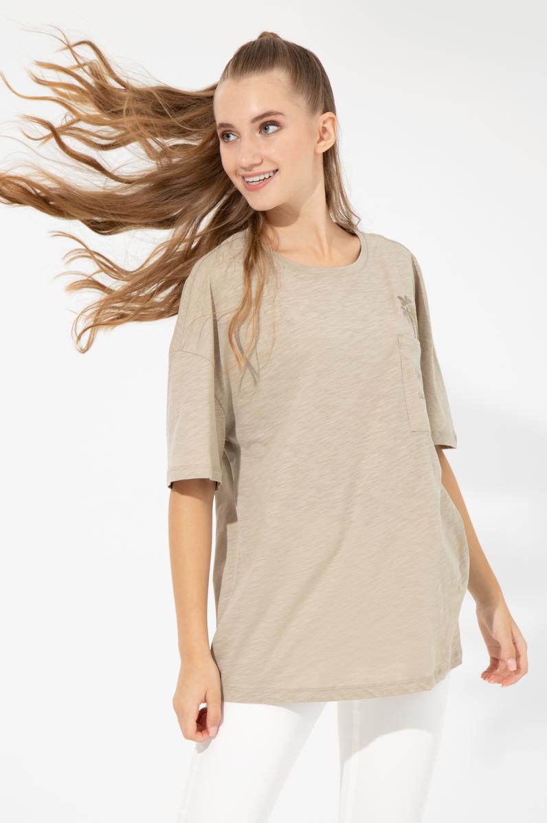 Kadın Haki Bisiklet Yaka Oversize Tişört