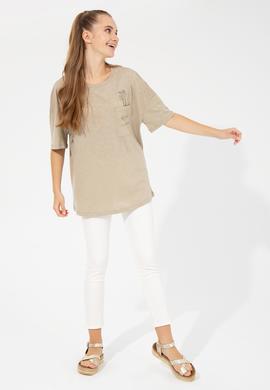 Kadın Haki Bisiklet Yaka Oversize Tişört - 50248424019