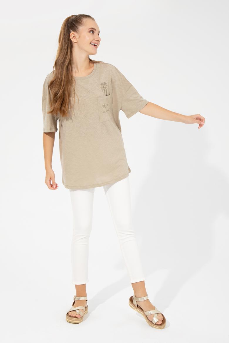 Kadın Haki Bisiklet Yaka Oversize Tişört - 50248424019