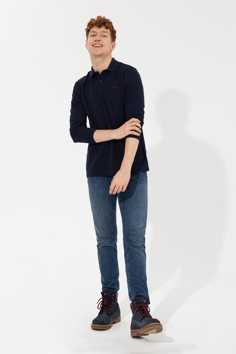 Erkek Lacivert Polo Yaka Basic Sweatshirt - 50257229011