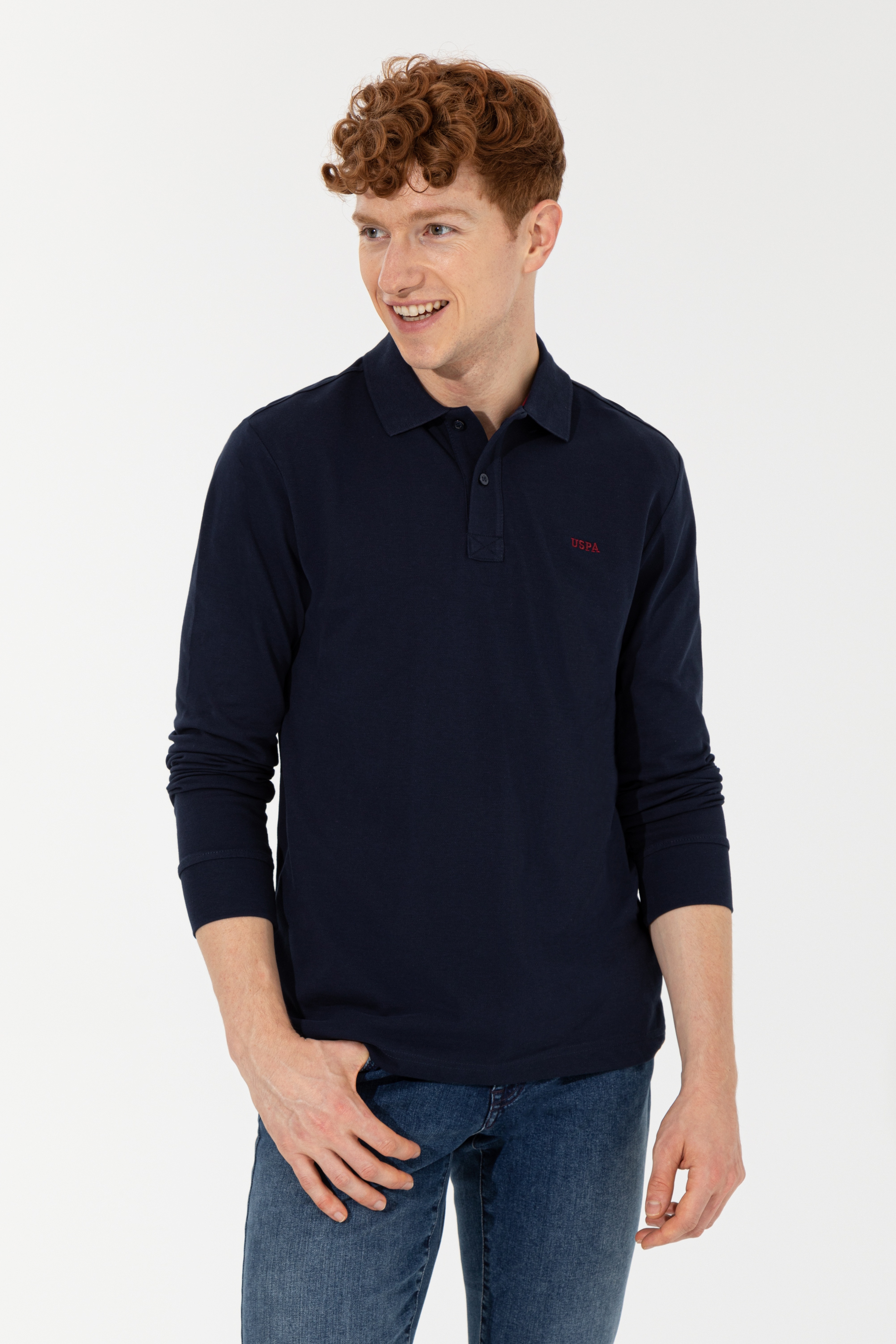 Erkek Lacivert Polo Yaka Basic Sweatshirt - Image 1