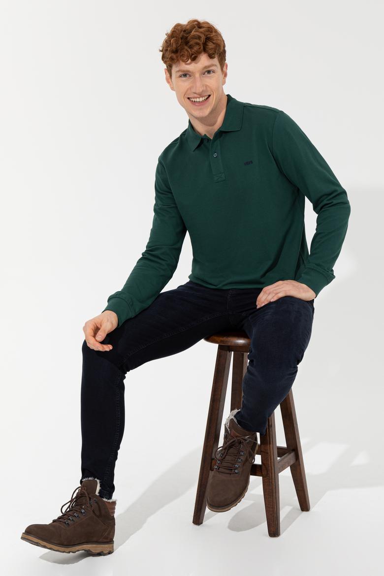 Erkek Polo Yaka Yeşil Sweatshirt Basic - 50257229041