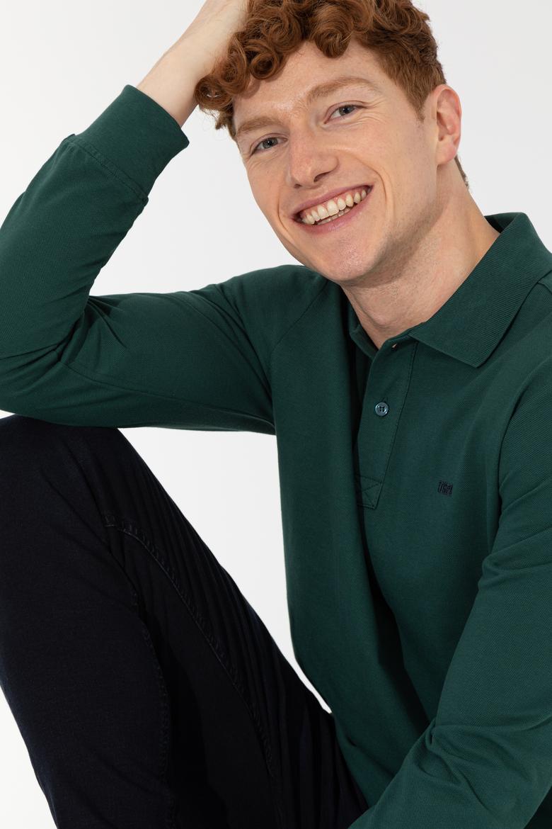 Erkek Polo Yaka Yeşil Sweatshirt Basic - 50257229041