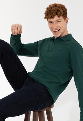 Erkek Polo Yaka Yeşil Sweatshirt Basic - 50257229041