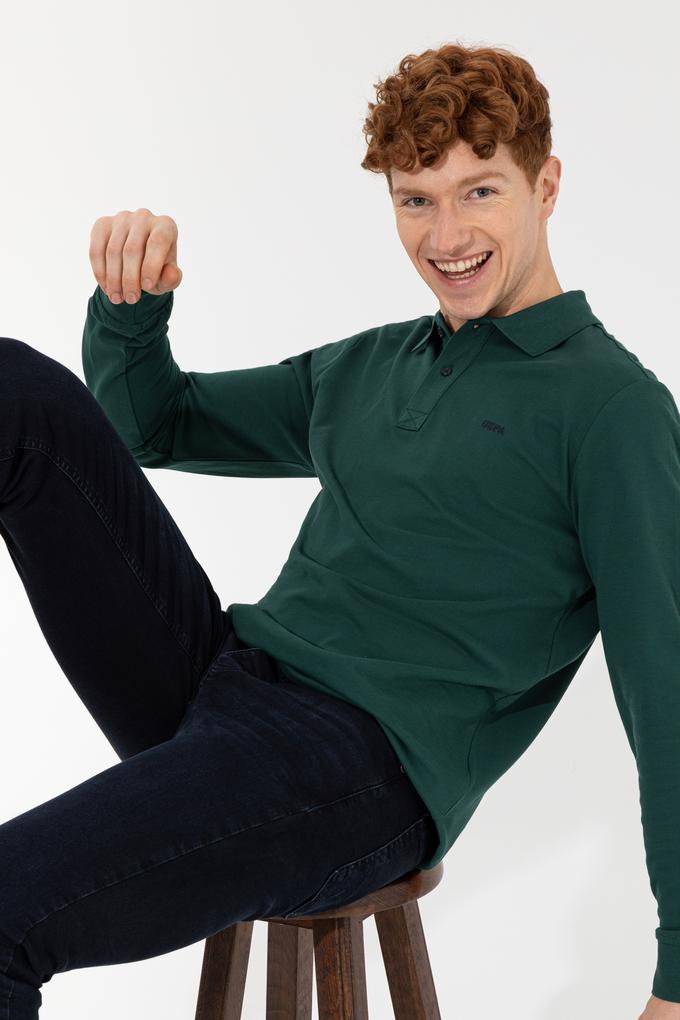 Erkek Polo Yaka Yeşil Sweatshirt Basic