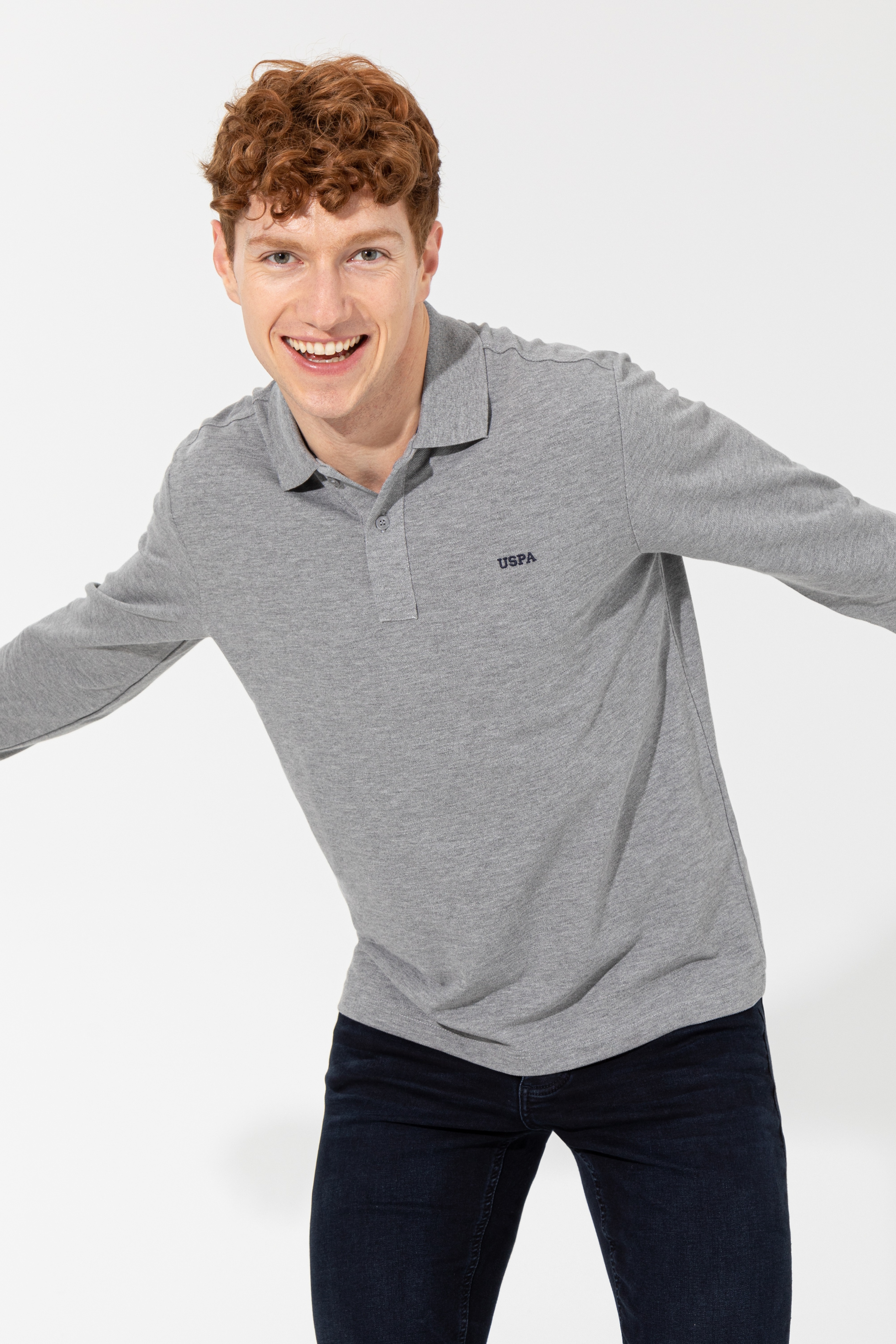 Erkek Gri Melanj Polo Yaka Basic Sweatshirt - Image 1