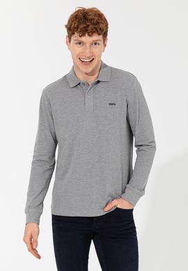Erkek Gri Melanj Polo Yaka Basic Sweatshirt - 50257229051
