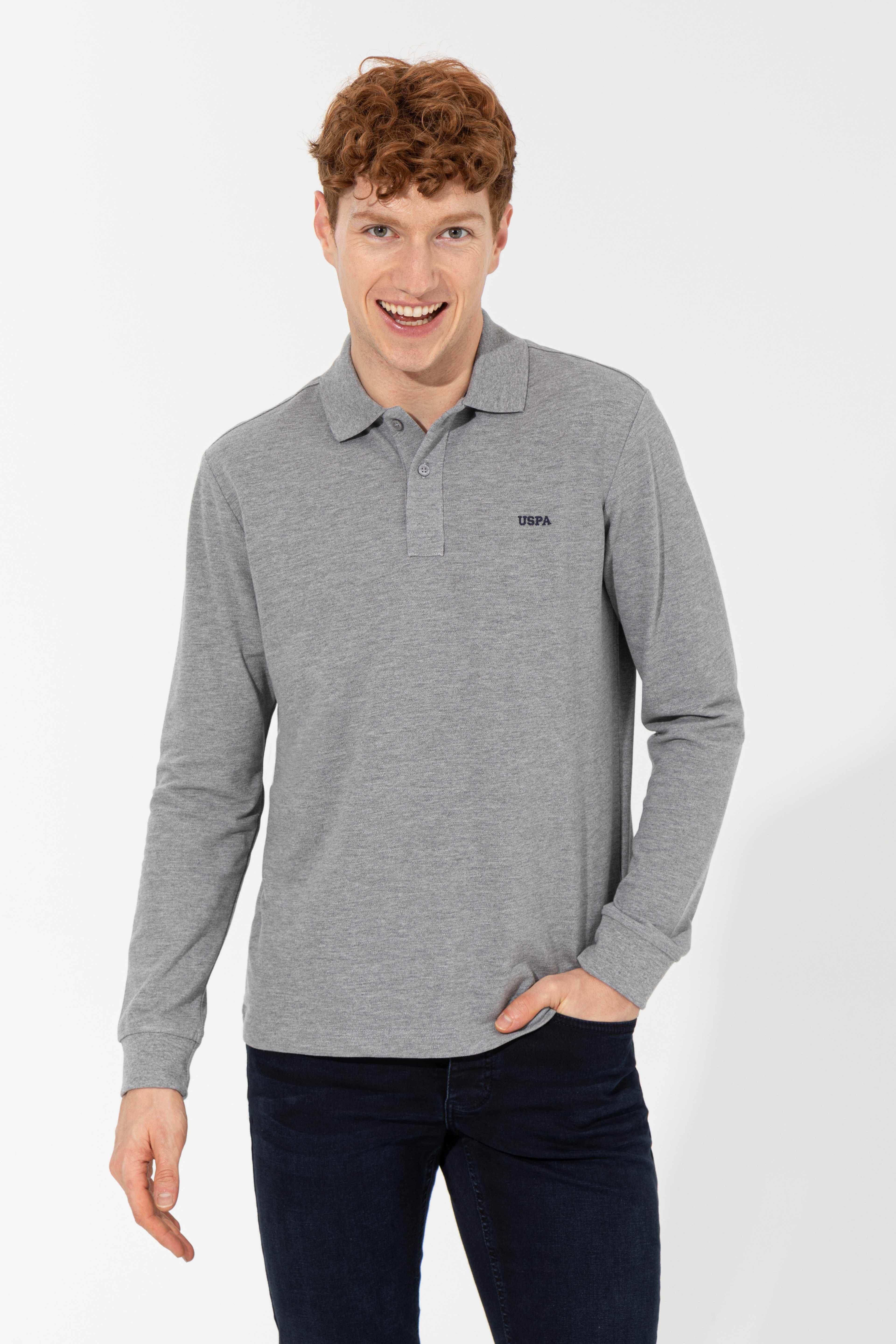 Erkek Gri Melanj Polo Yaka Basic Sweatshirt - Image 3