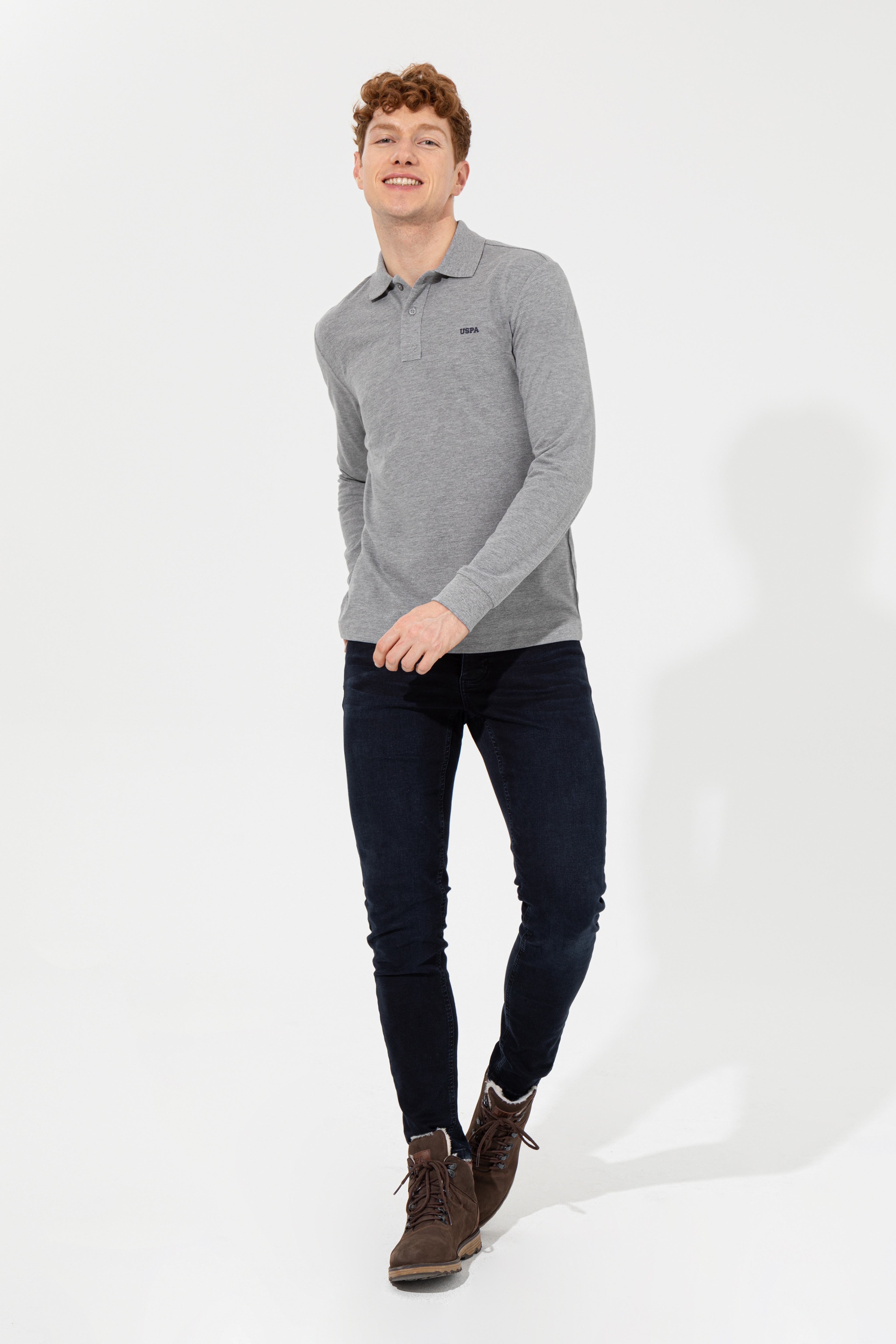 Erkek Gri Melanj Polo Yaka Basic Sweatshirt - Image 4