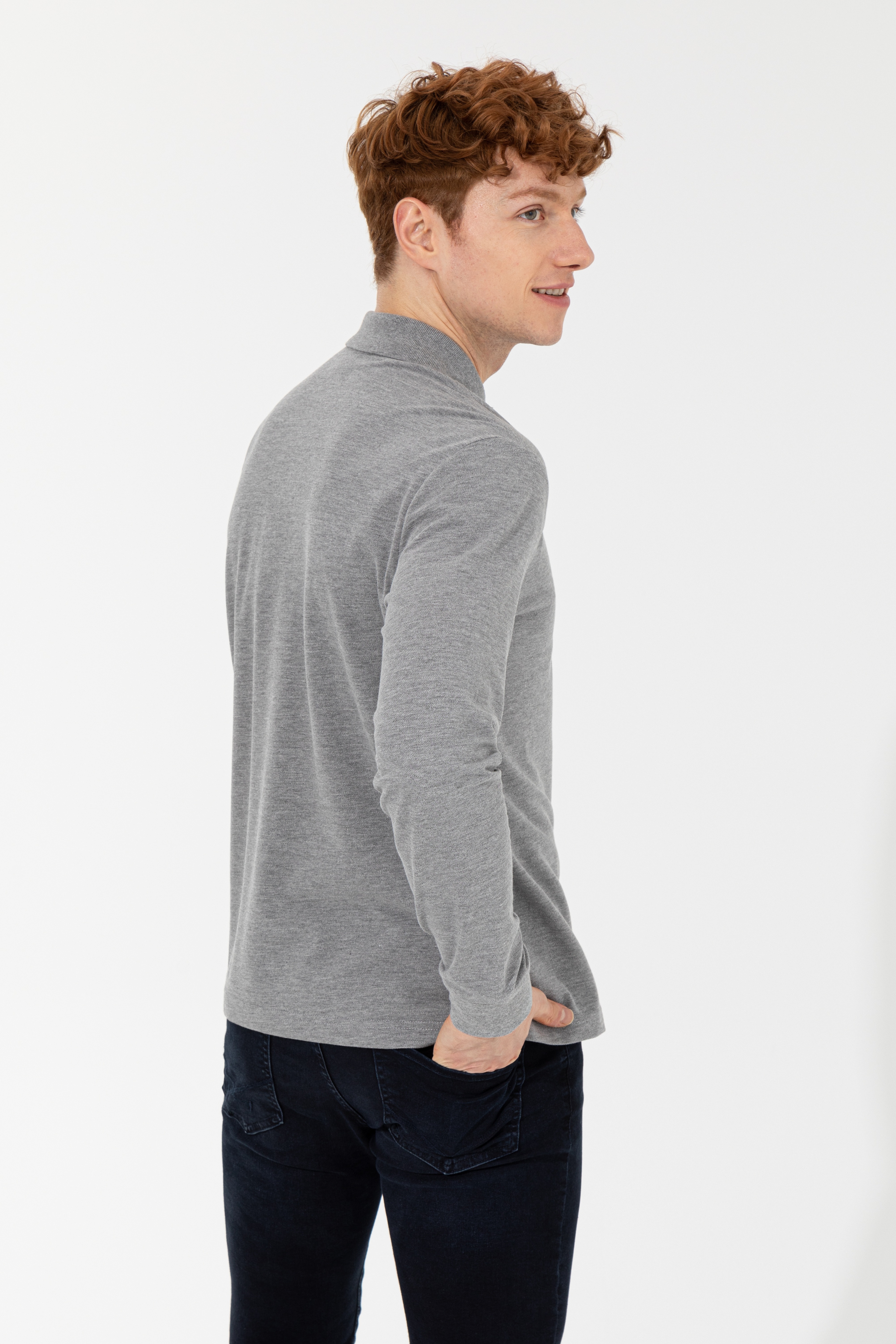 Erkek Gri Melanj Polo Yaka Basic Sweatshirt