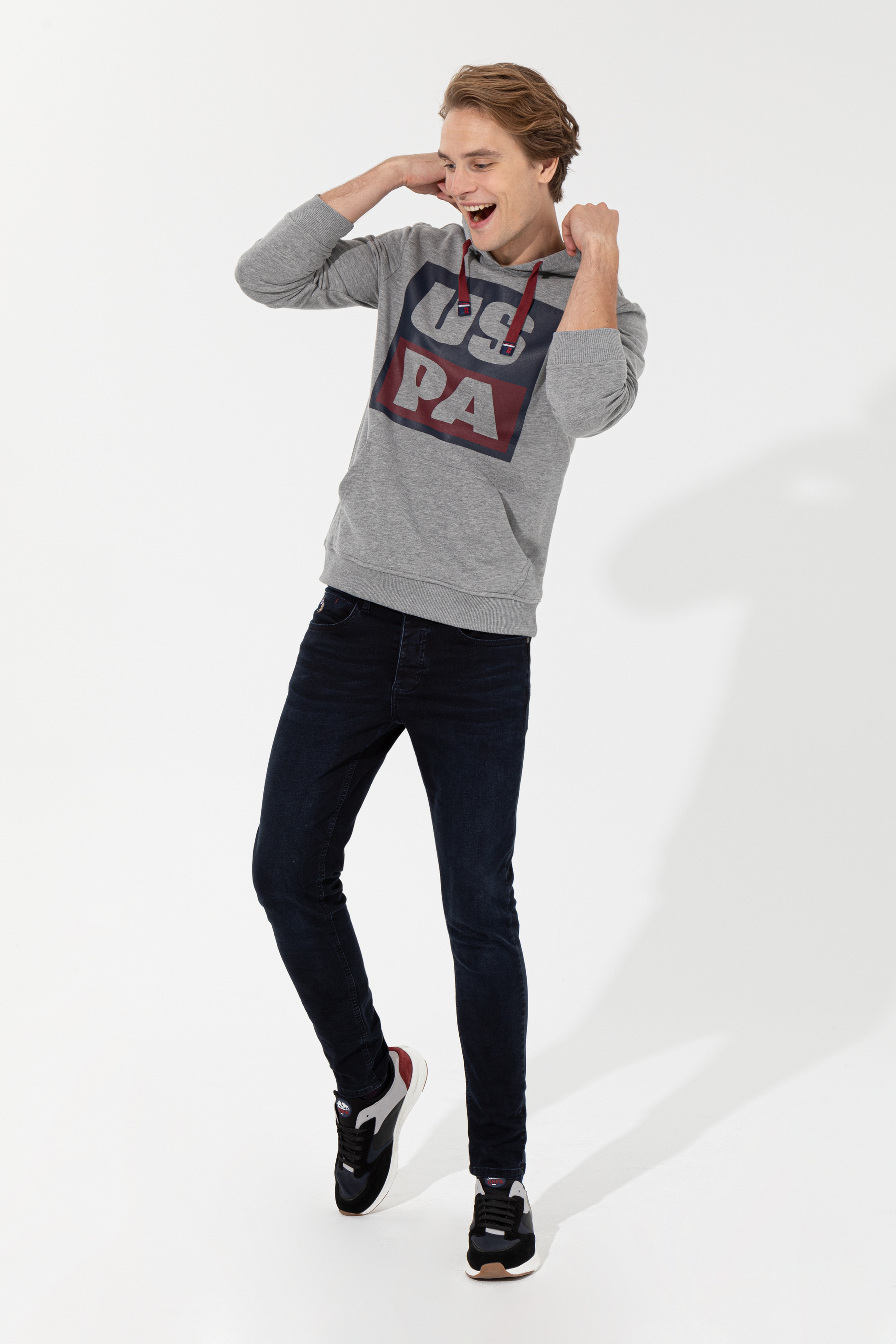 Erkek Gri Melanj Kapüşonlu Sweatshirt - Image 4